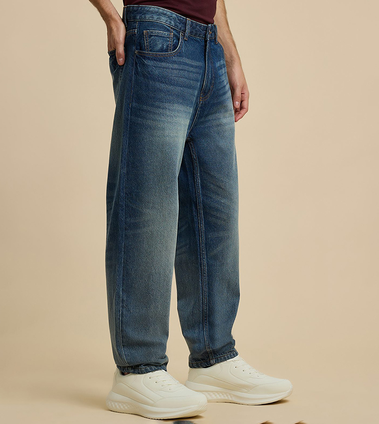 Faded Relaxed Fit Jeans with Button Closure