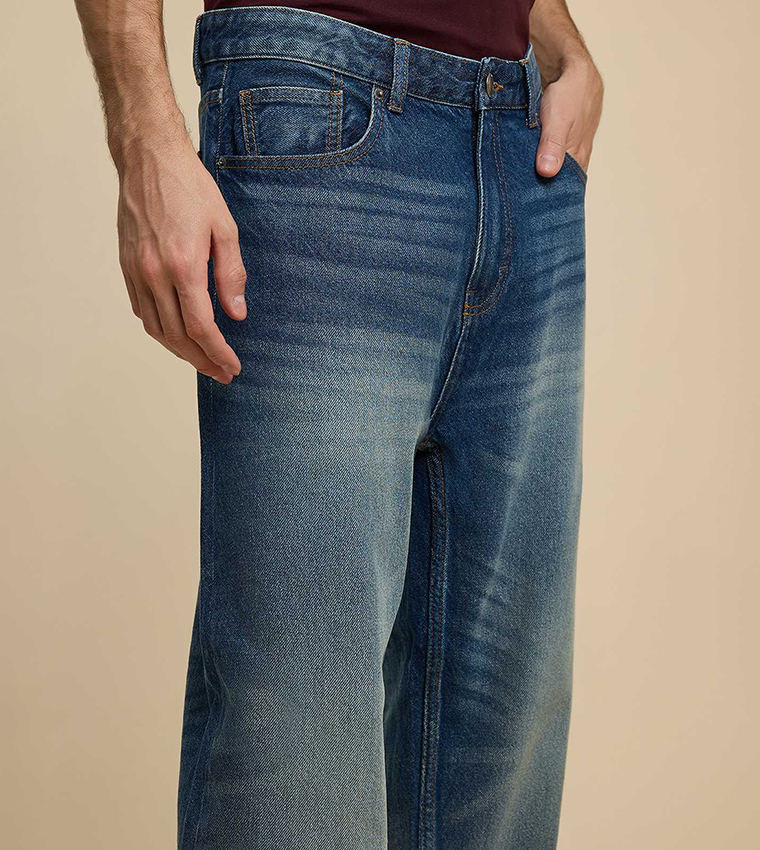Faded Relaxed Fit Jeans with Button Closure