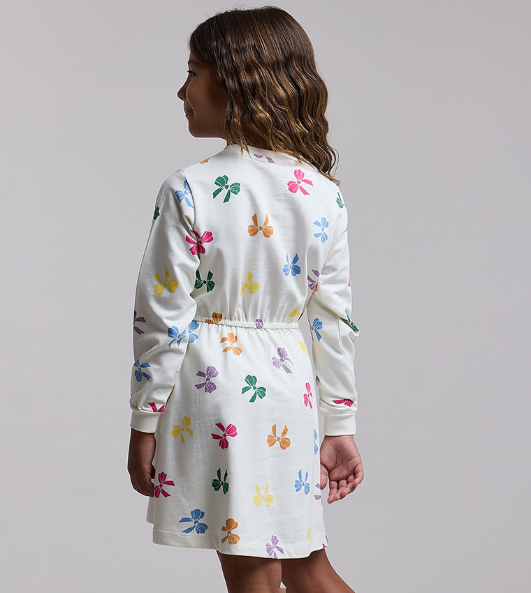 Printed Flared Dress with Crew Neck and Long Sleeves