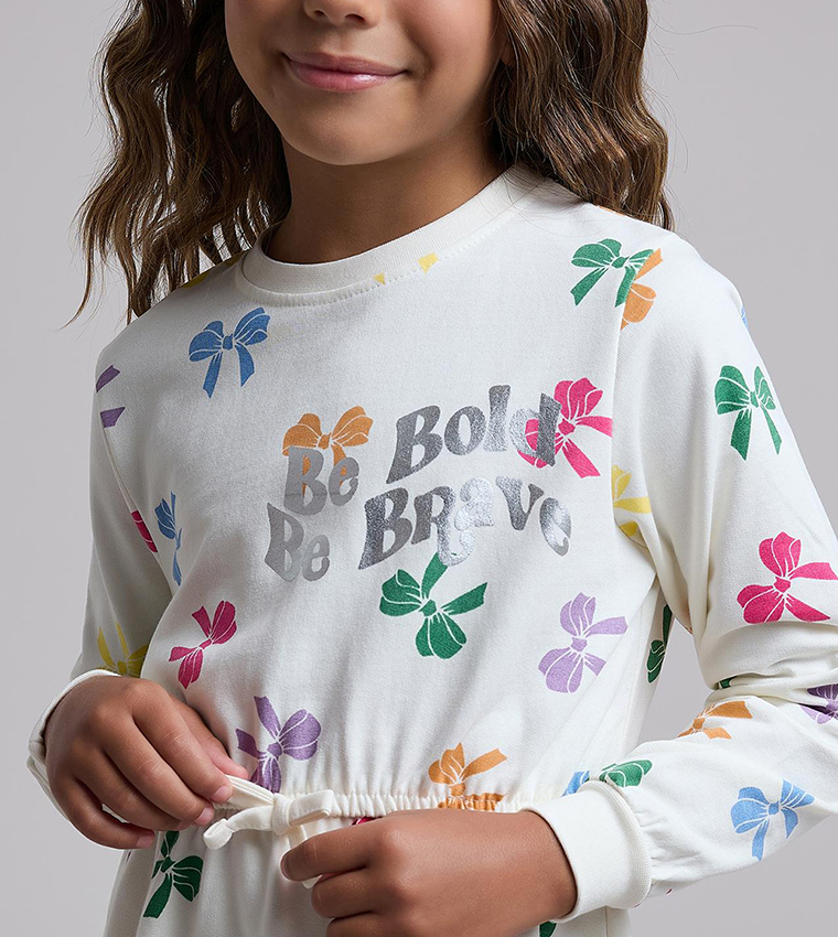 Printed Flared Dress with Crew Neck and Long Sleeves