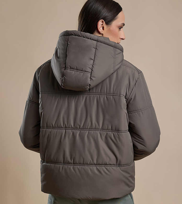 Quilted Hooded Puffer Jacket with Zipper Closure
