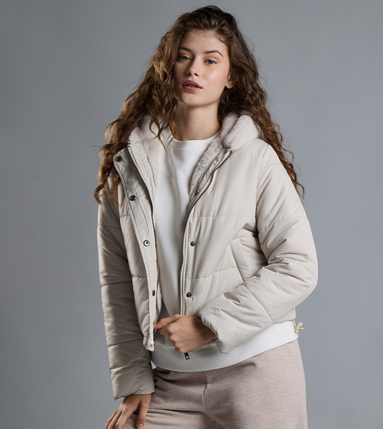 Quilted Hooded Puffer Jacket with Zipper Closure