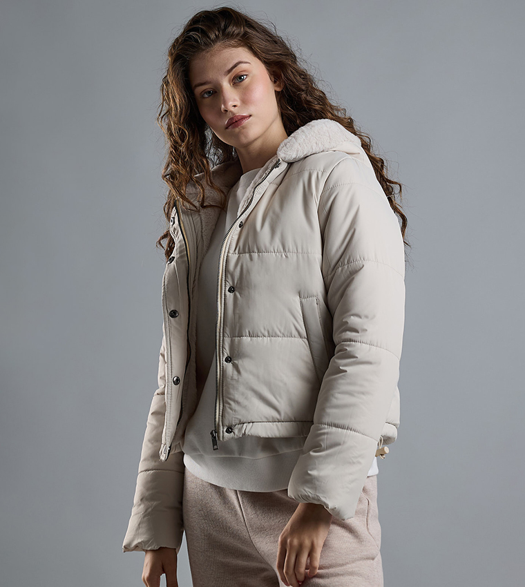 Quilted Hooded Puffer Jacket with Zipper Closure