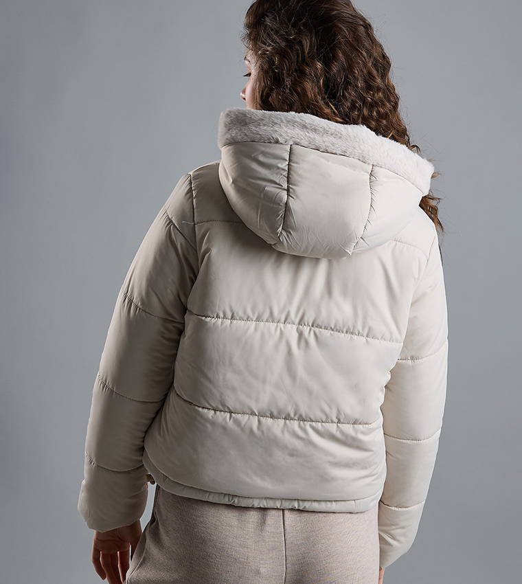 Quilted Hooded Puffer Jacket with Zipper Closure