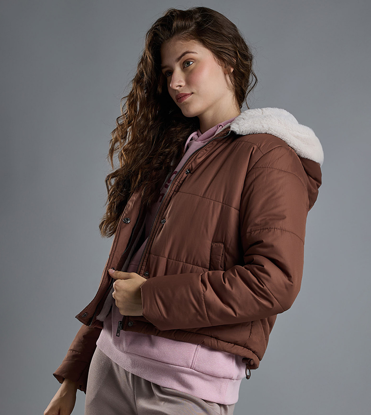 Quilted Hooded Puffer Jacket with Zipper Closure
