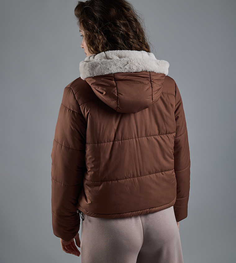 Quilted Hooded Puffer Jacket with Zipper Closure