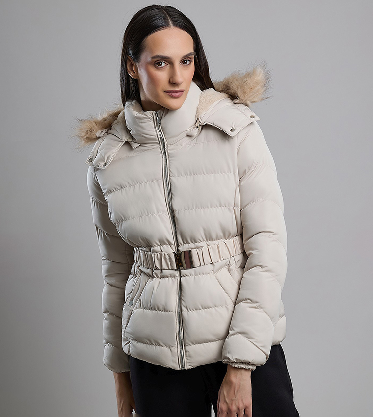 Quilted Hooded Puffer Jacket with Zipper Closure