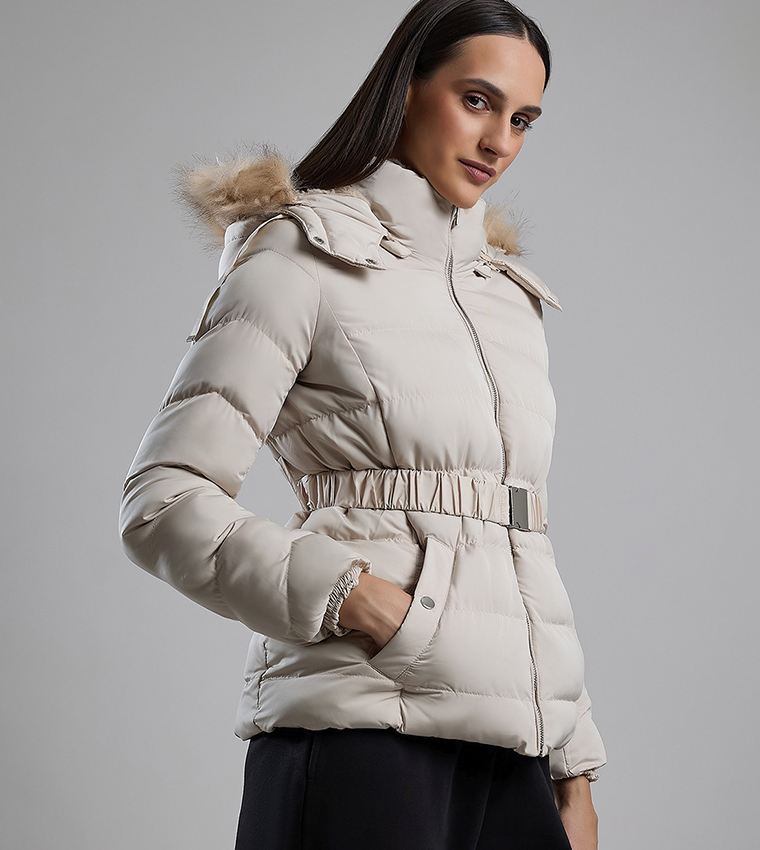 Quilted Hooded Puffer Jacket with Zipper Closure