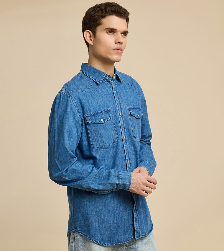 Washed Denim Shirt with Classic Collar and Long Sleeves
