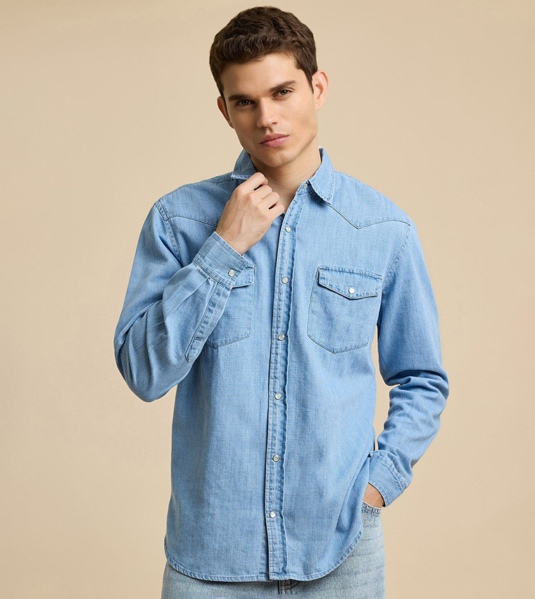 Faded Denim Shirt with Classic Collar and Long Sleeves