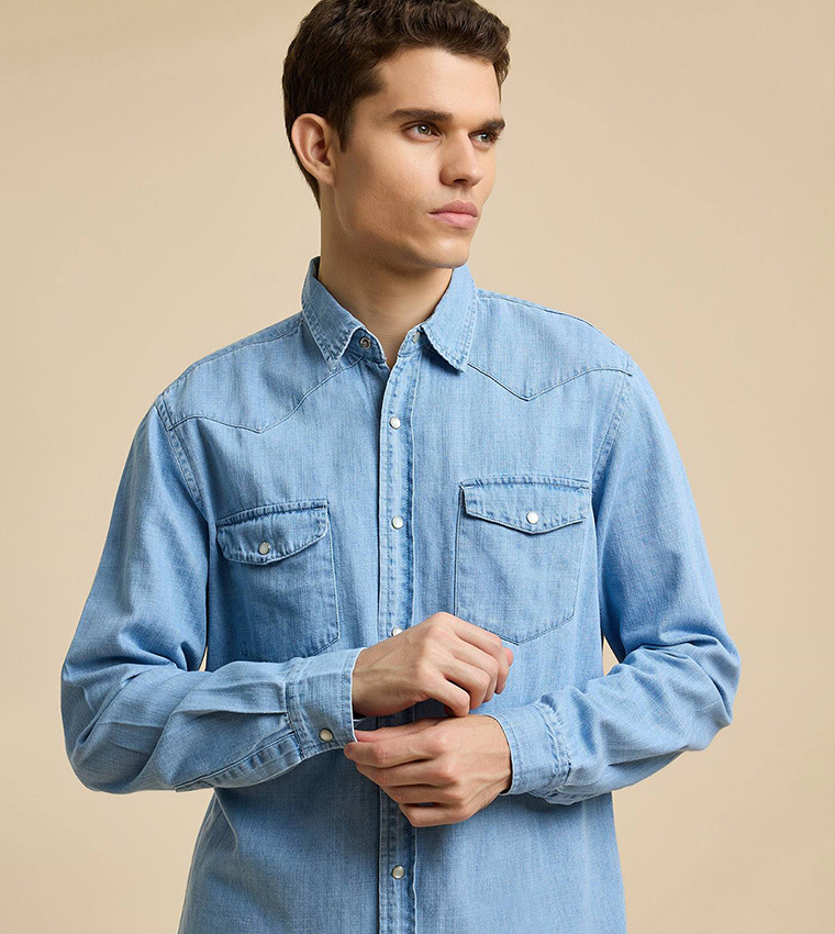 Faded Denim Shirt with Classic Collar and Long Sleeves