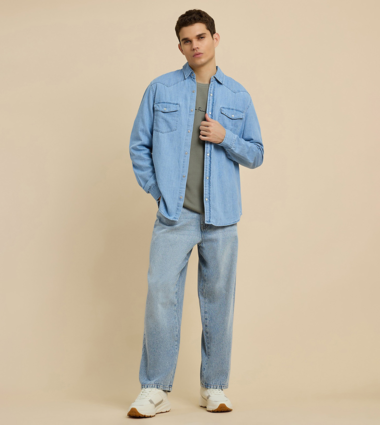 Faded Denim Shirt with Classic Collar and Long Sleeves