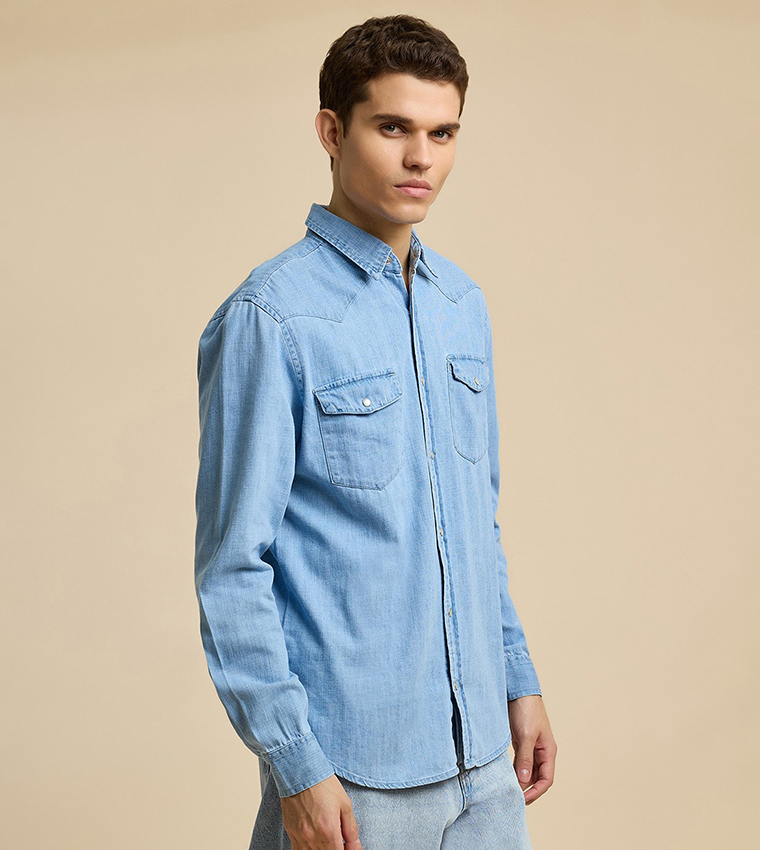 Faded Denim Shirt with Classic Collar and Long Sleeves