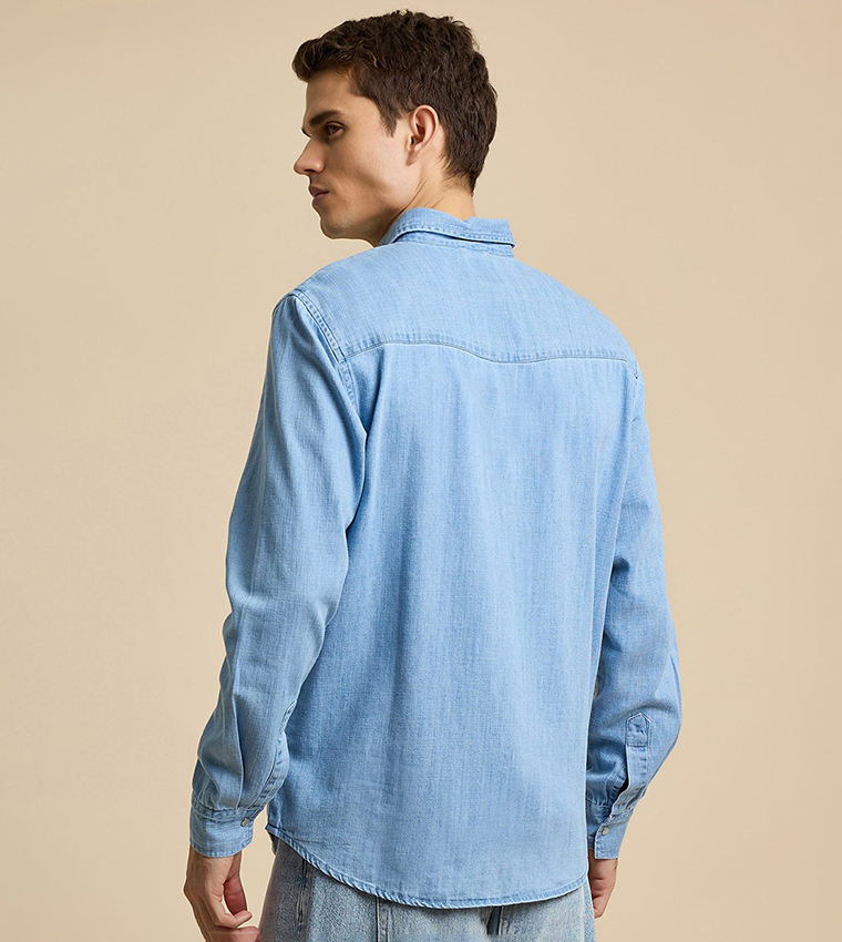 Faded Denim Shirt with Classic Collar and Long Sleeves
