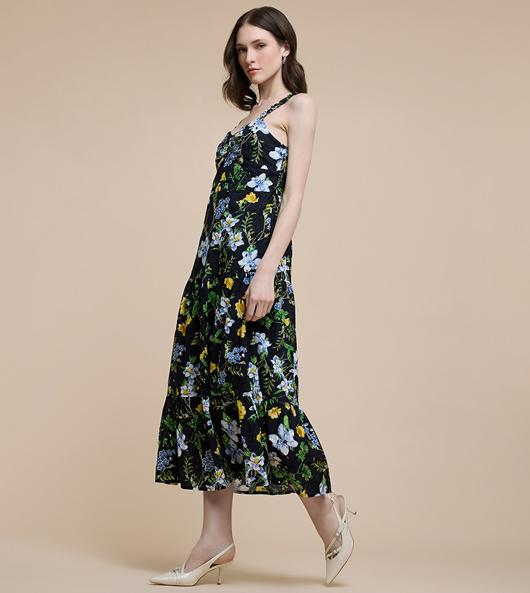 فستان ميدي بطبعة ورود بدون كم بياقة سويتهارت