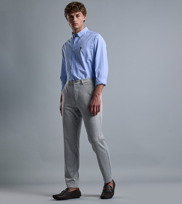 Solid Slim Fit Trousers with Button Closure
