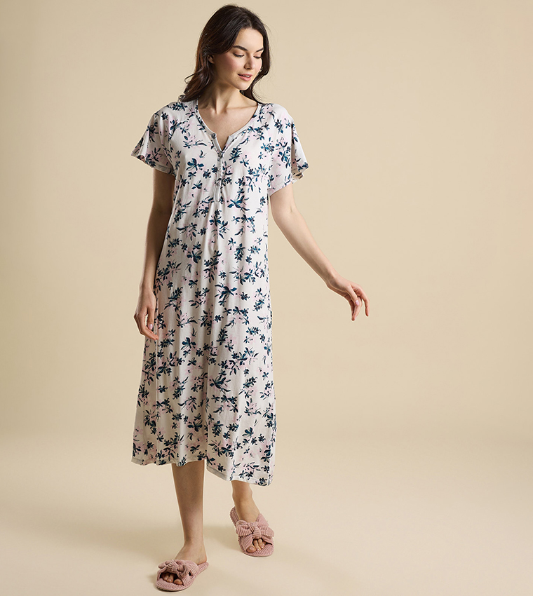 Printed Nightdress with Split Neck and Short Sleeves