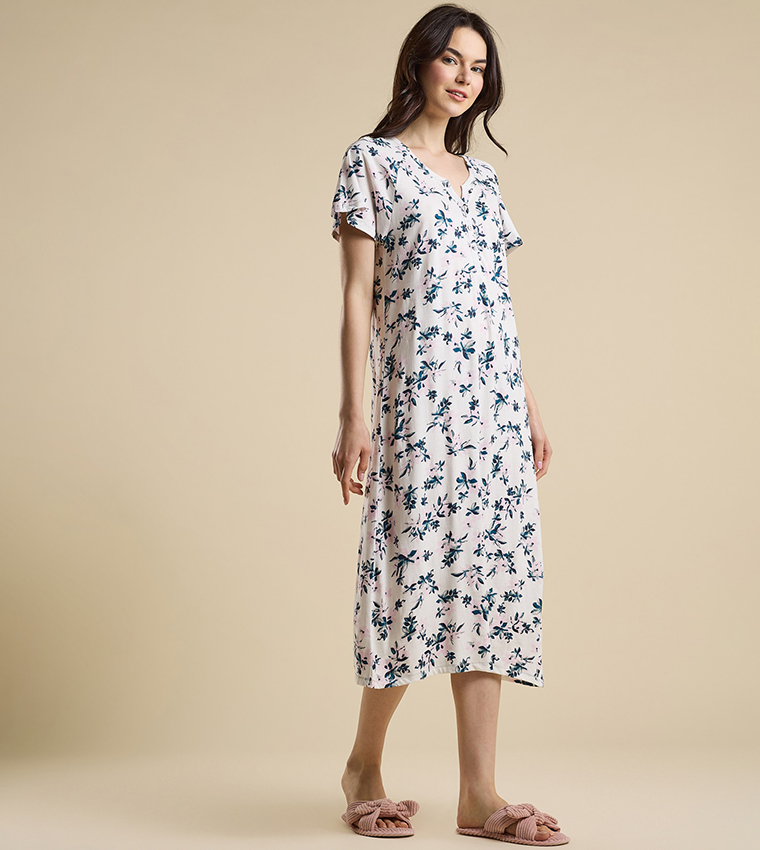 Printed Nightdress with Split Neck and Short Sleeves