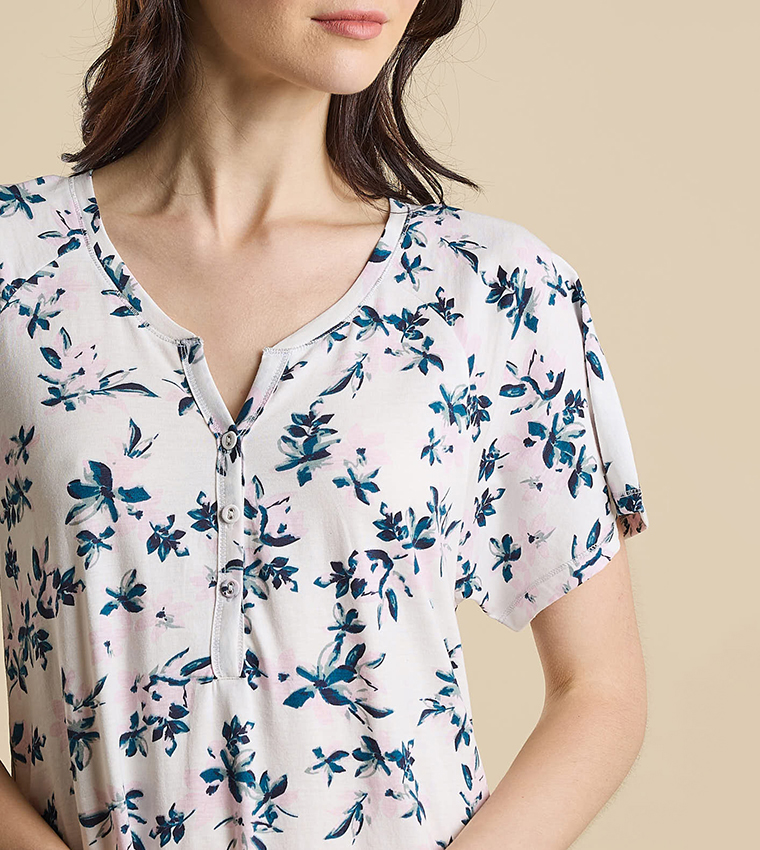 Printed Nightdress with Split Neck and Short Sleeves