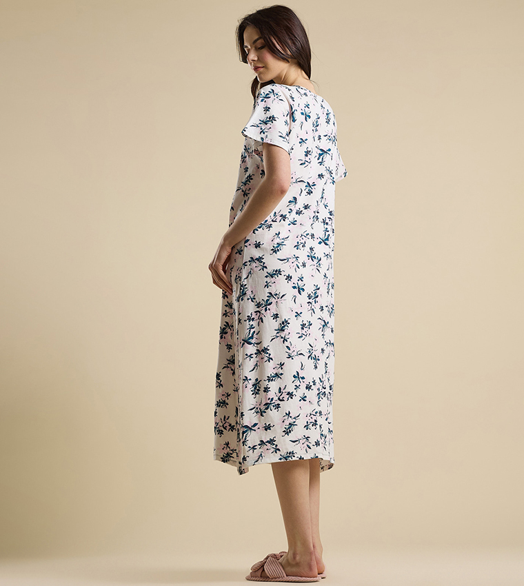 Printed Nightdress with Split Neck and Short Sleeves