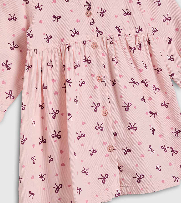 Printed Flared Dress with Round Neck and Long Sleeves