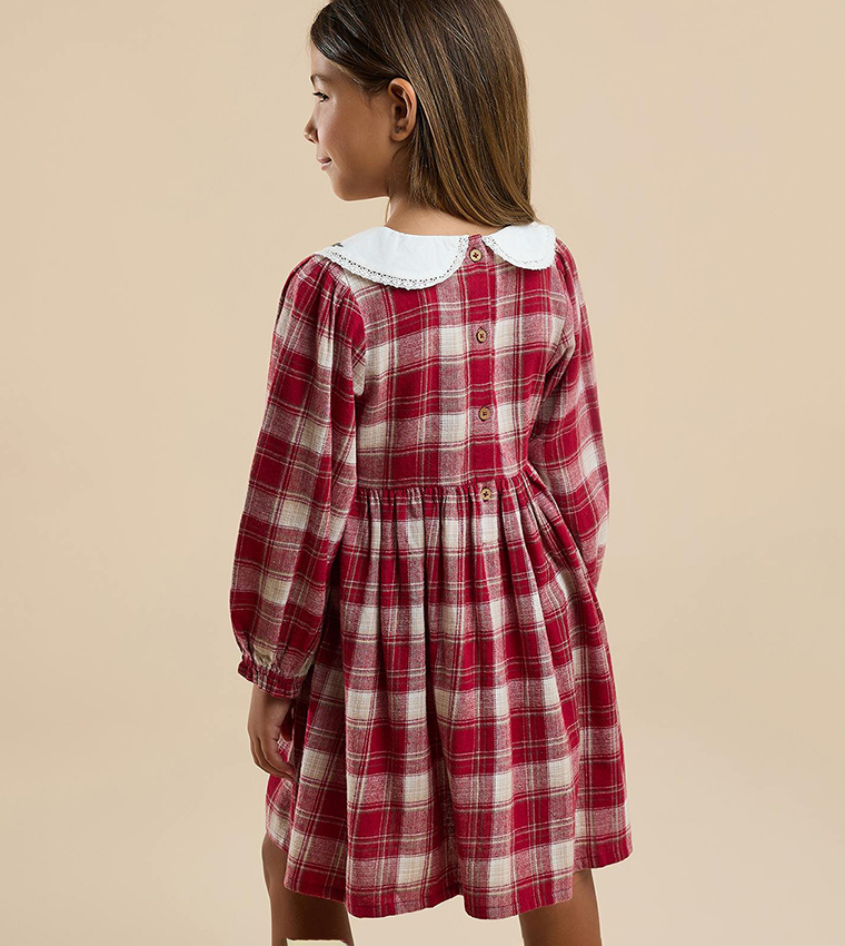 Plaid Flared Dress with Baby Collar and Long Sleeves