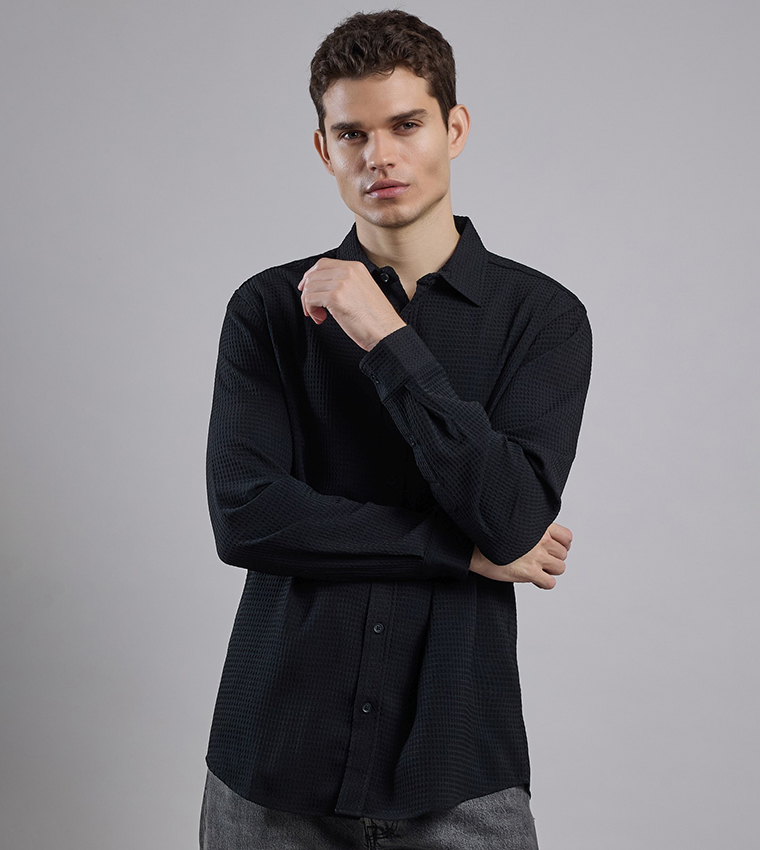 Textured Shirt with Classic Collar and Long Sleeves