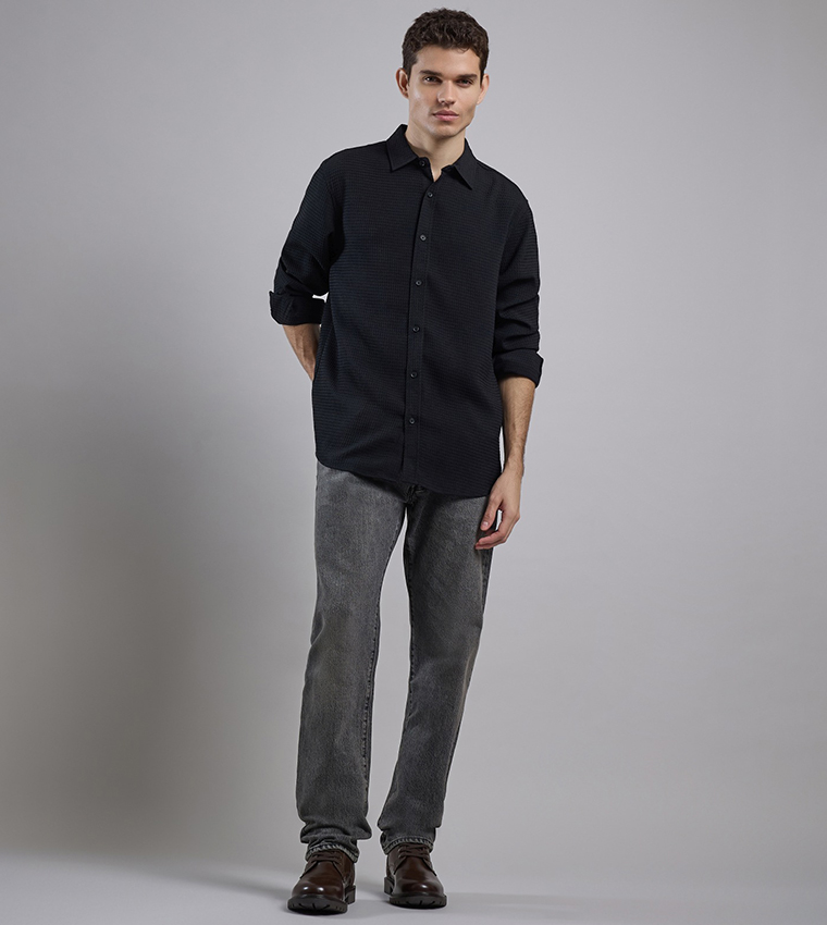Textured Shirt with Classic Collar and Long Sleeves