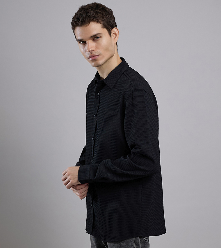 Textured Shirt with Classic Collar and Long Sleeves