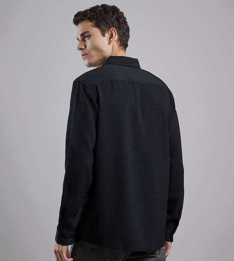 Textured Shirt with Classic Collar and Long Sleeves