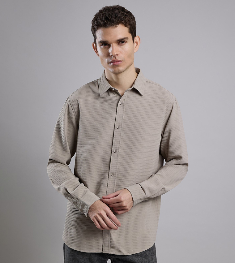 Textured Shirt with Classic Collar and Long Sleeves