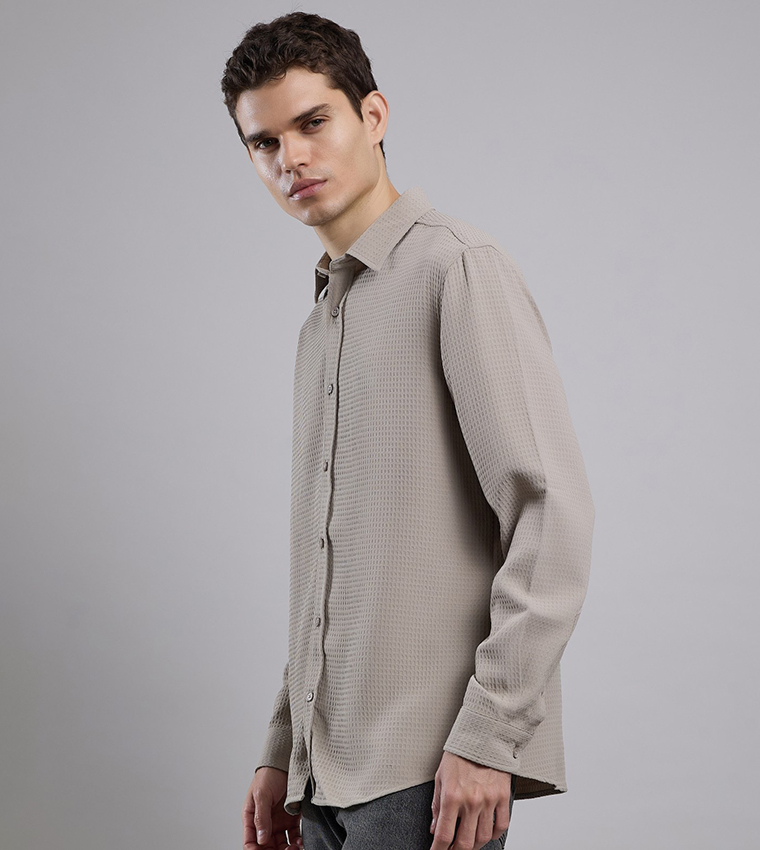 Textured Shirt with Classic Collar and Long Sleeves