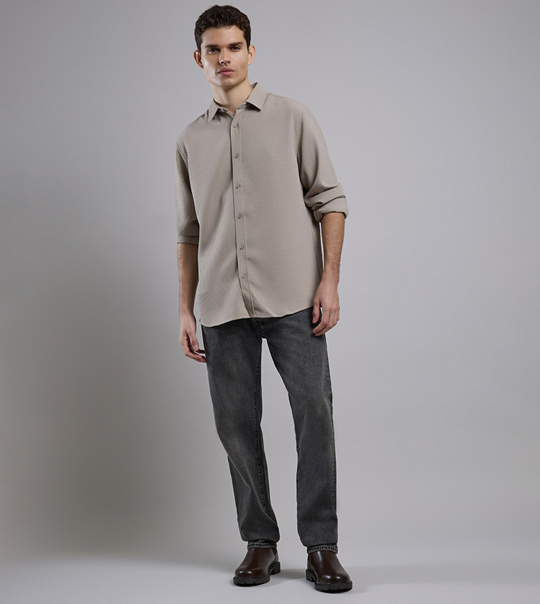 Textured Shirt with Classic Collar and Long Sleeves