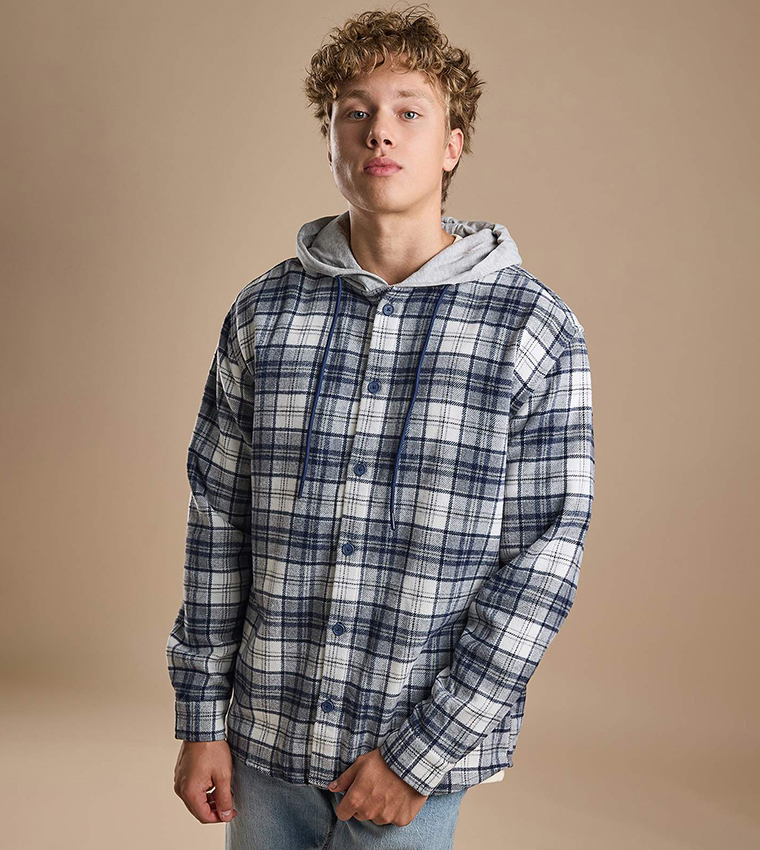 Plaid Hooded Shirt with Long Sleeves