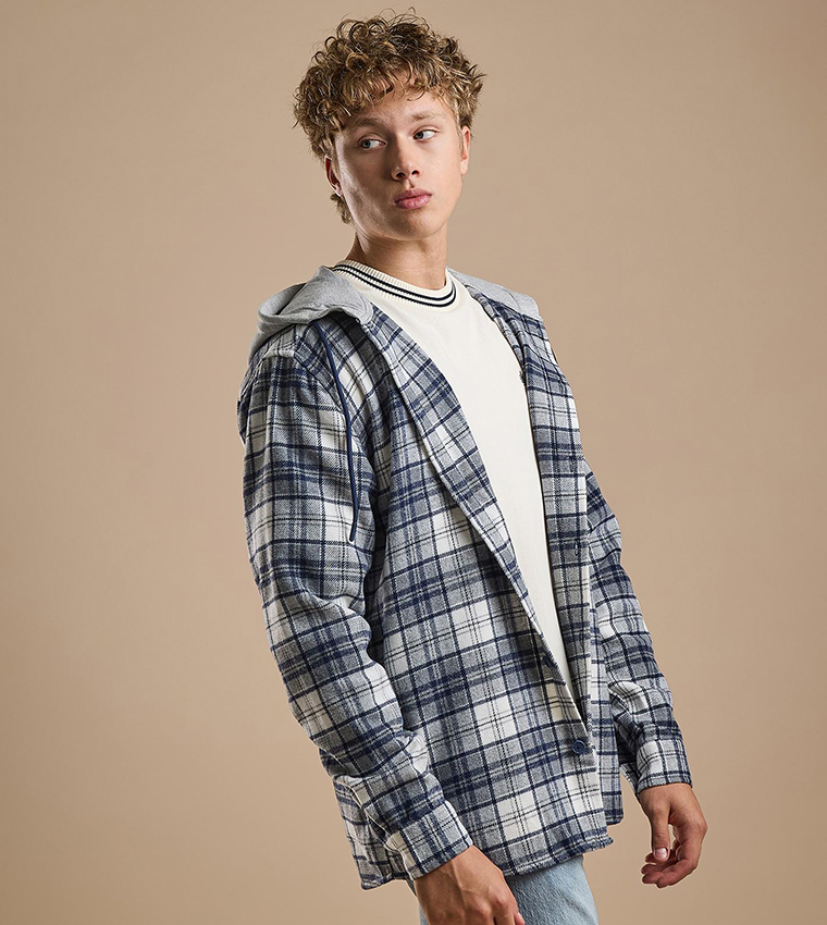 Plaid Hooded Shirt with Long Sleeves