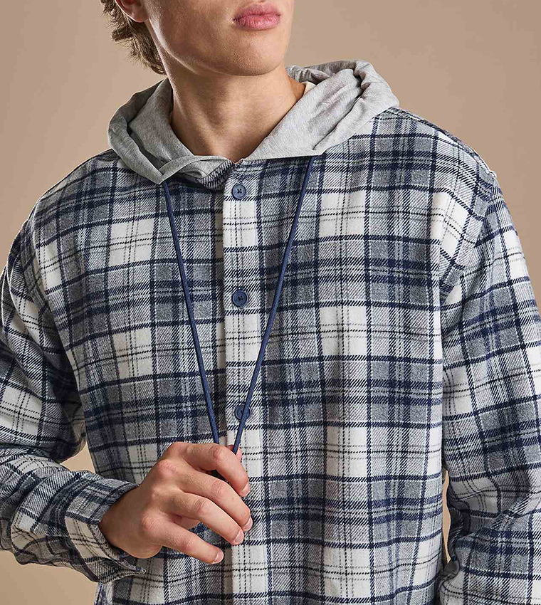 Plaid Hooded Shirt with Long Sleeves