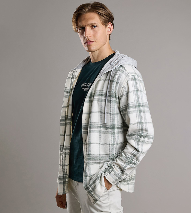 Plaid Hooded Shirt with Long Sleeves