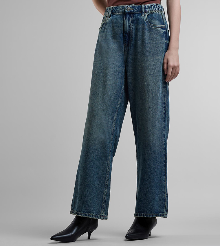 Washed Wide Leg Jeans with Button Closure