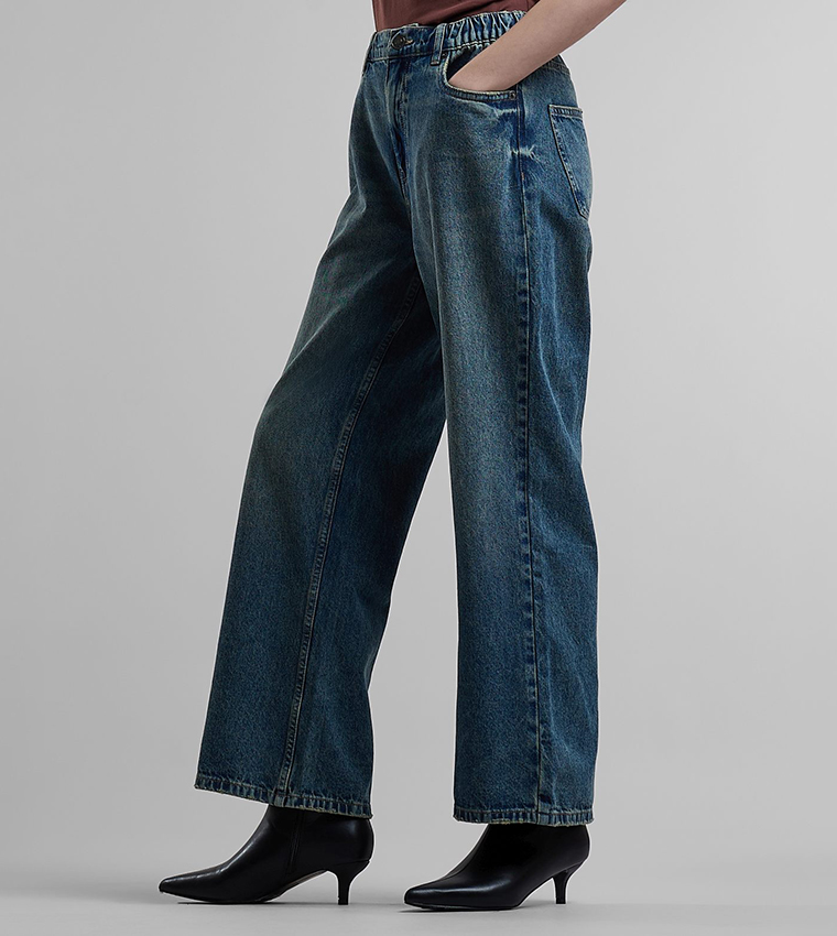 Washed Wide Leg Jeans with Button Closure