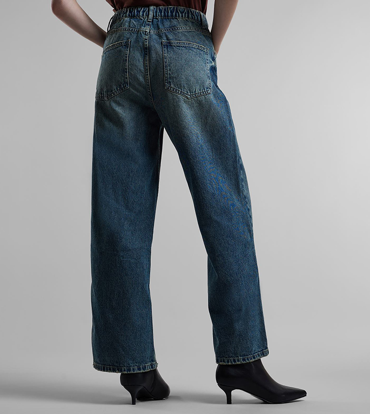Washed Wide Leg Jeans with Button Closure