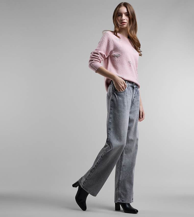Washed Wide Leg Jeans with Button Closure