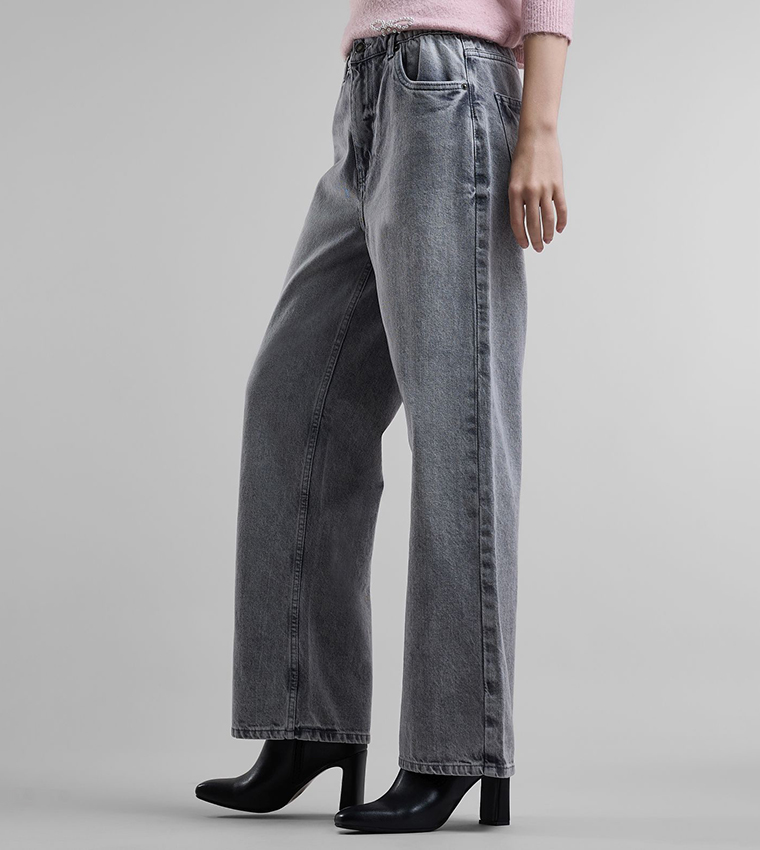 Washed Wide Leg Jeans with Button Closure