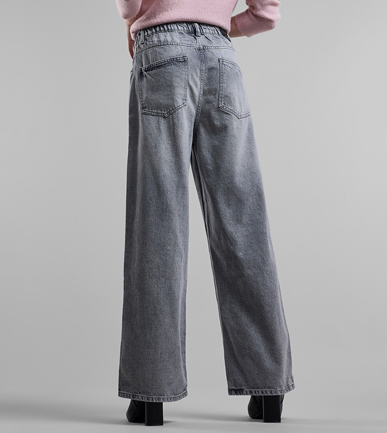 Washed Wide Leg Jeans with Button Closure