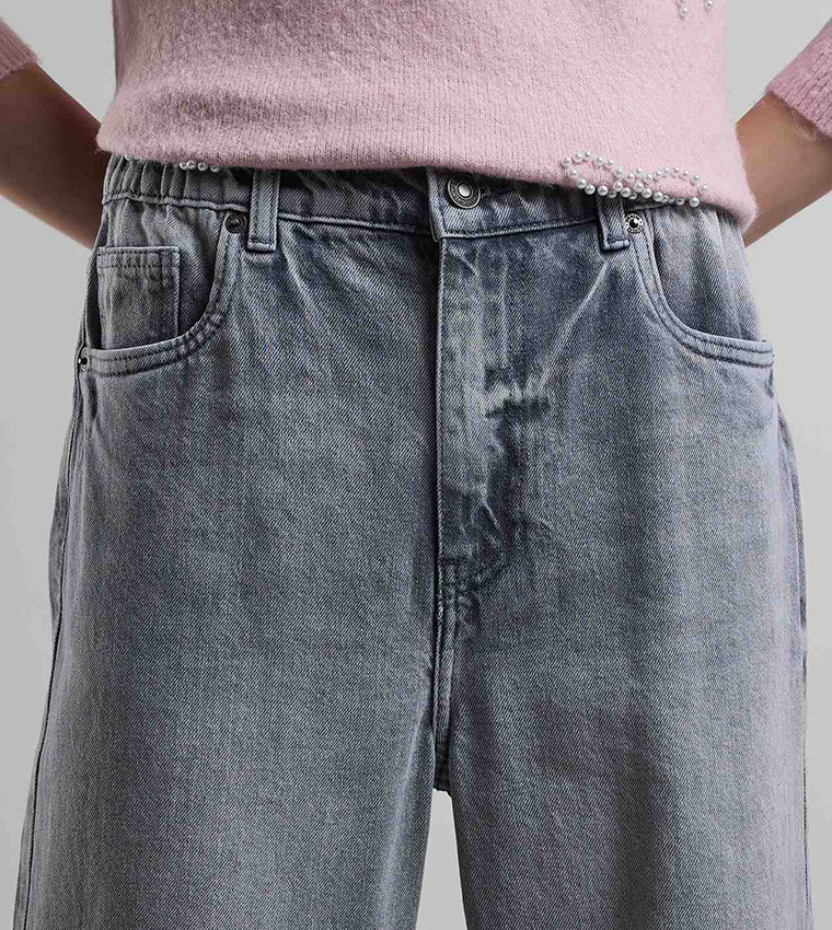 Washed Wide Leg Jeans with Button Closure
