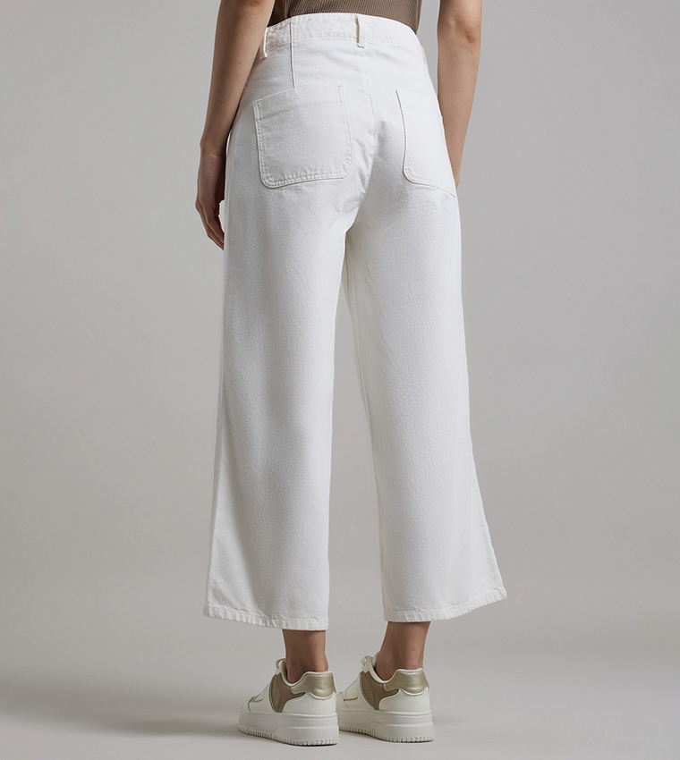 Solid Wide Leg Culotte Jeans with Button Closure