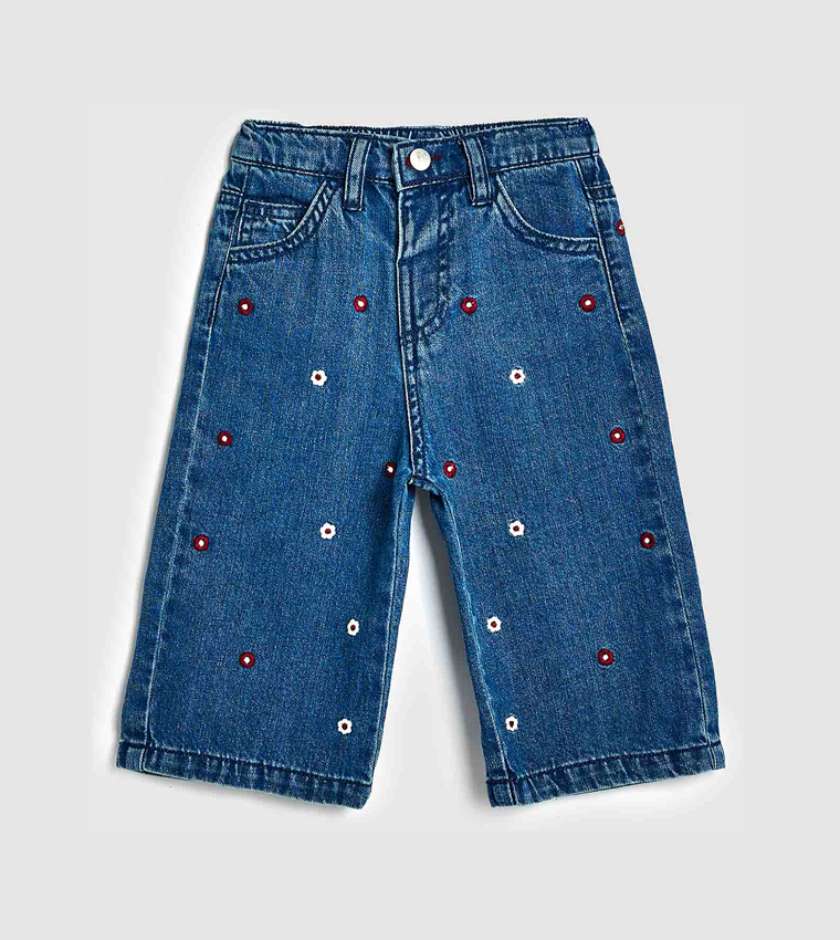 Embroidered Wide Leg Jeans with Button Closure