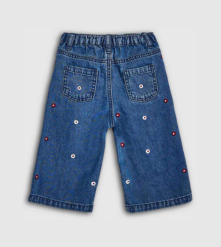 Embroidered Wide Leg Jeans with Button Closure