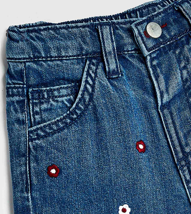 Embroidered Wide Leg Jeans with Button Closure