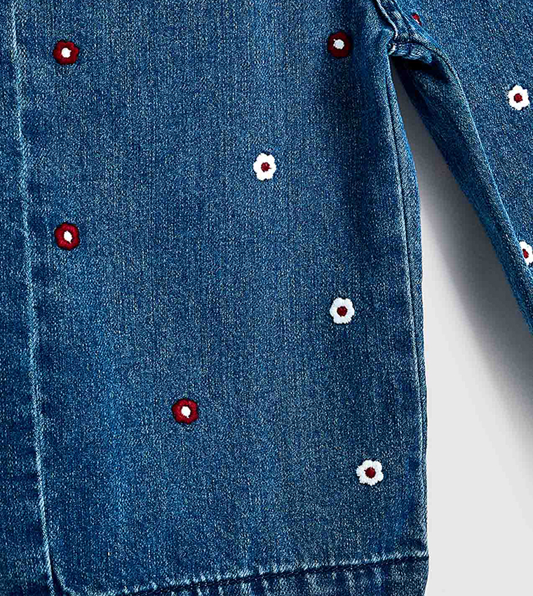 Embroidered Wide Leg Jeans with Button Closure