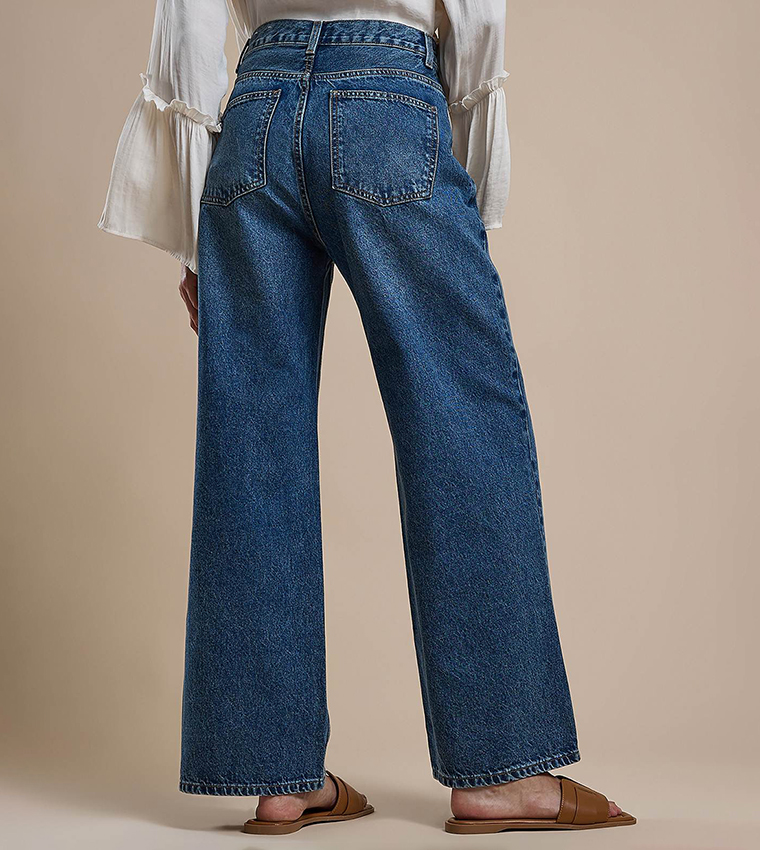 Faded Pleated Jeans with Button Closure
